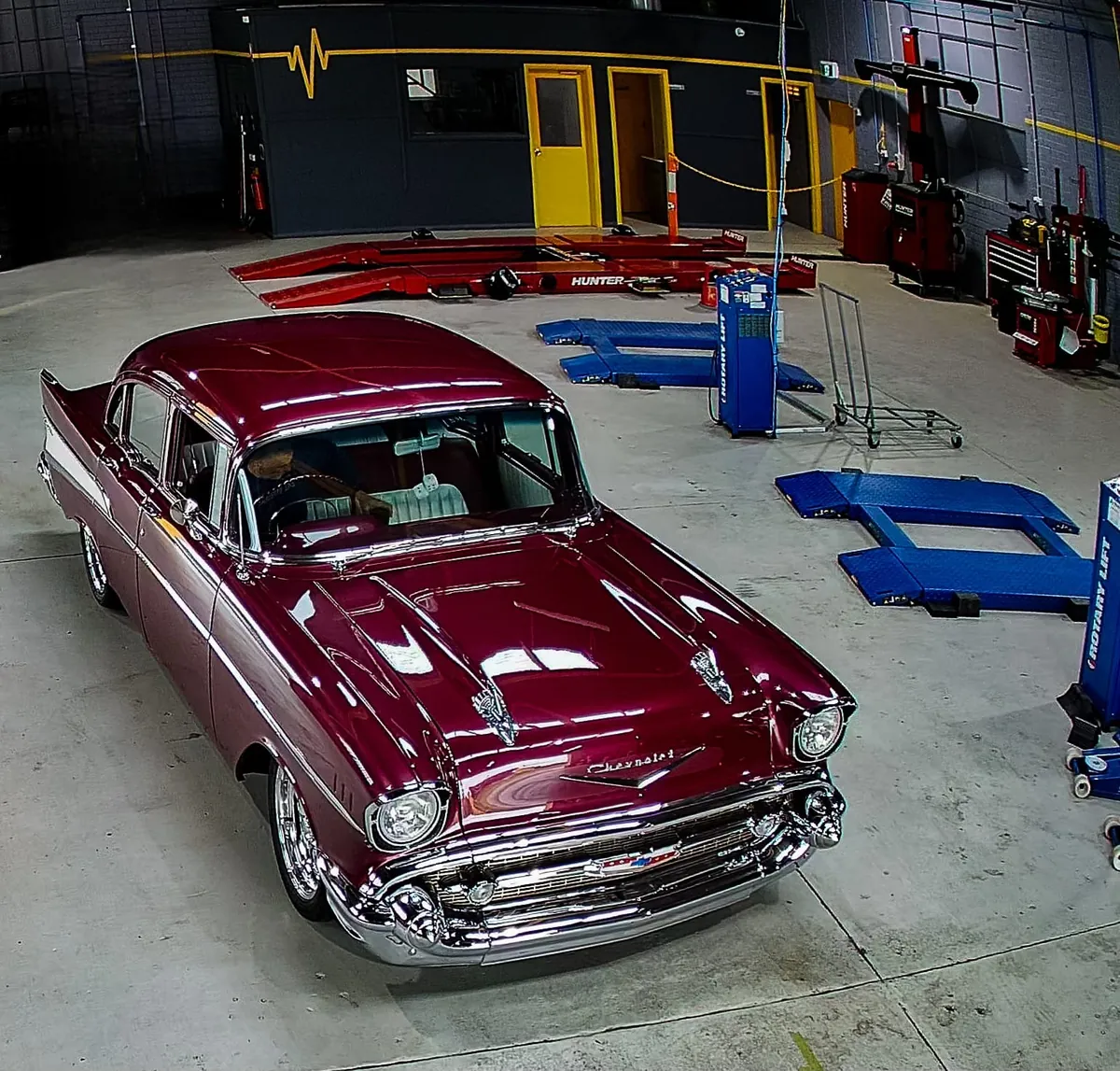 Classic Chevrolet on the hoist in the Tyre Doctors workshop, Knoxfield