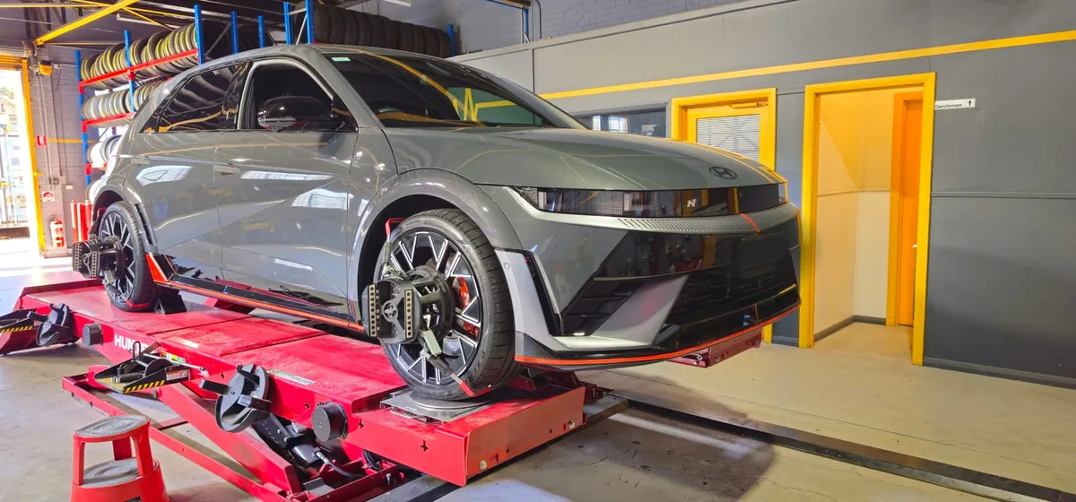 Hyundai Ioniq on the wheel-alignment hoist at Tyre Doctors