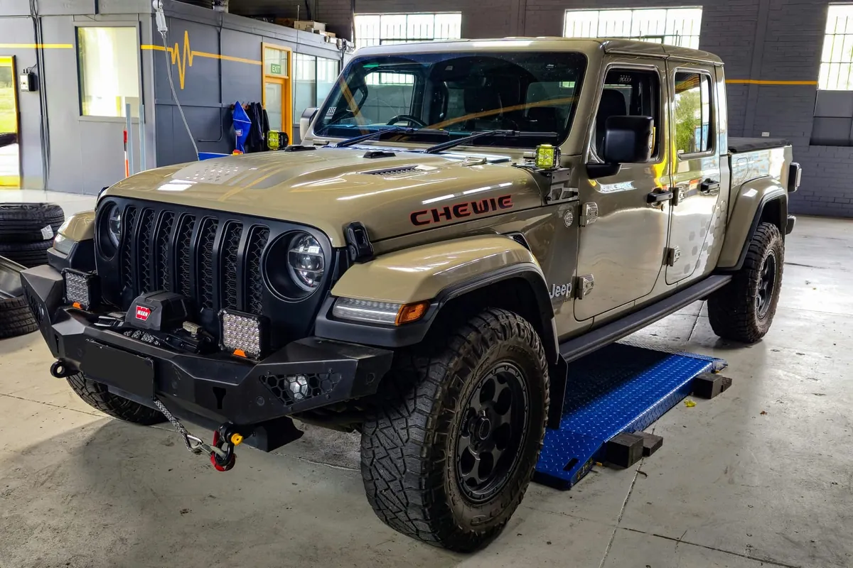 Jeep Gladiator on the hoist for 4WD tyre fitting at Tyre Doctors